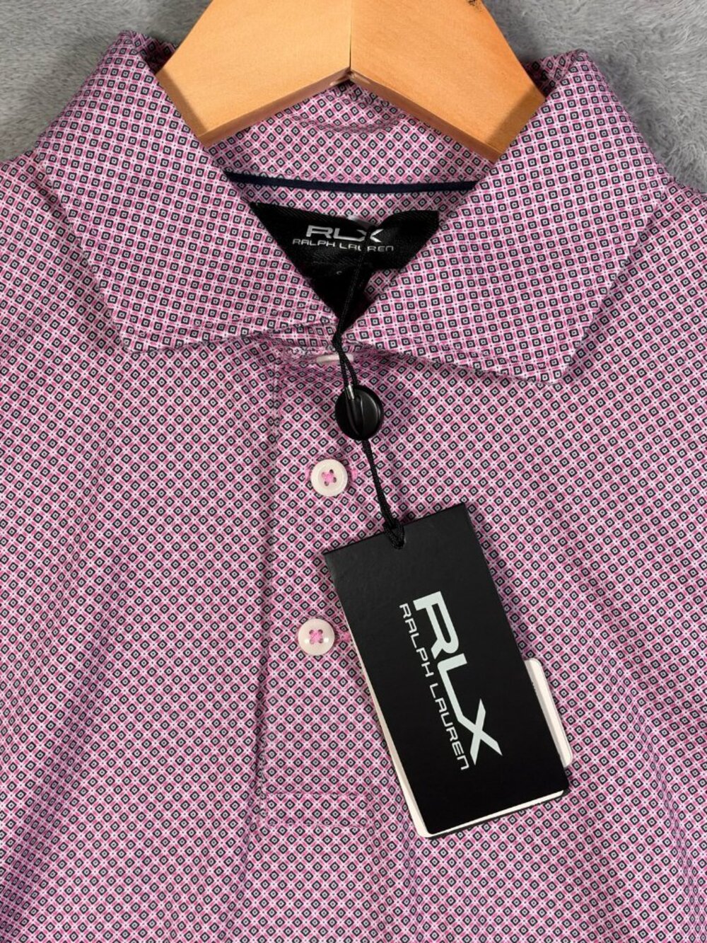 RLX Ralph Lauren Polo Shirt Mens S Pink Geometric Print Golf Short Sleeve Cotton